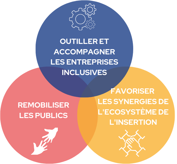 Nos thématiques de travail : Remobiliser les publics Favoriser les synergies de l'écosystème de l'insertion Outiller et accompagner les entreprises inclusives